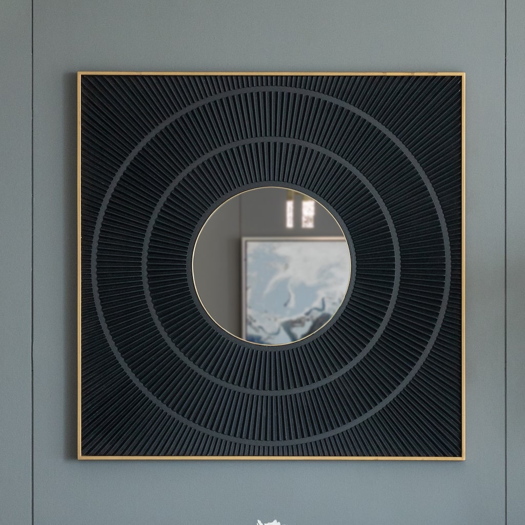 Square Carved Mirror with Pleated Design with Gold Iron Frame