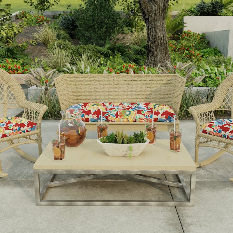 44" x 18" Red Floral Contoured Outdoor Wicker Bench Cushion - 18'' L x 44'' W x 4'' H