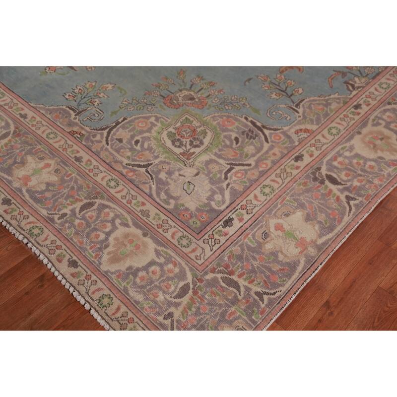 Light Blue Medallion Tabriz Persian Vintage Rug Handmade Wool Carpet - 9'2" x 12'5"
