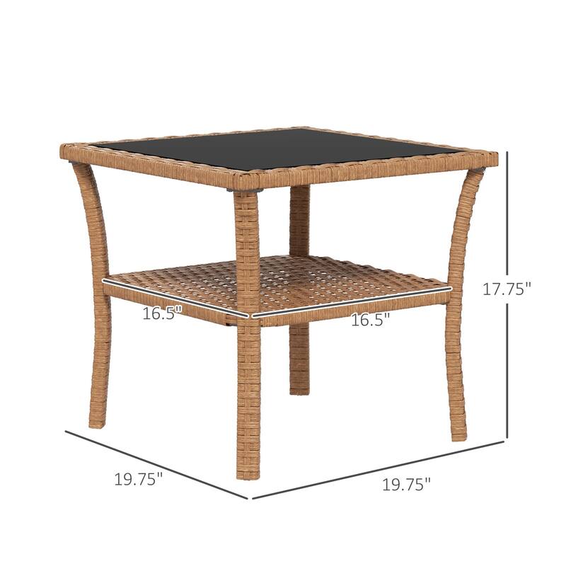 Rattan Side Table,Outdoor End Table with Storage Shelf,Coffee Table with Tempered Glass Top