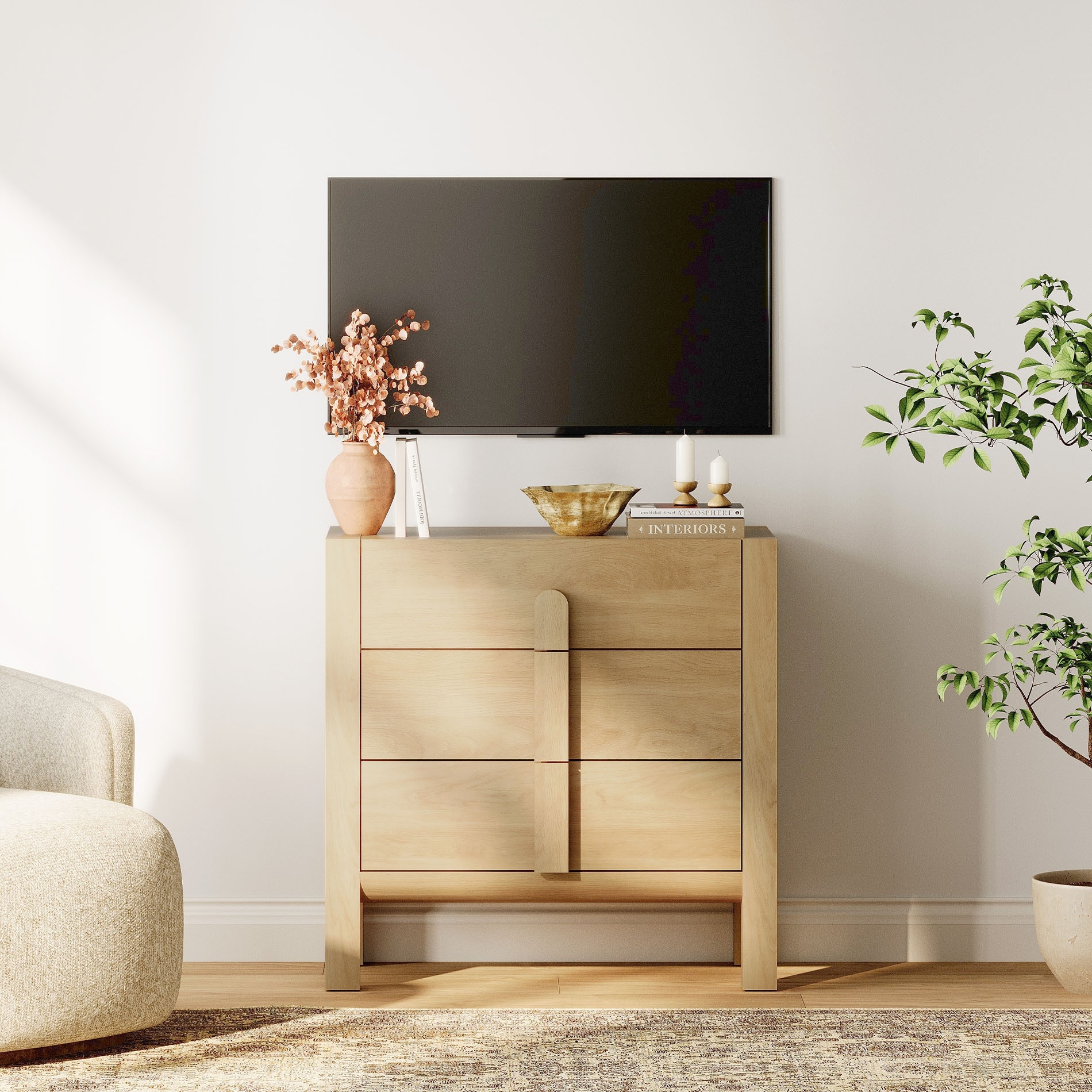 31.5" Mid-Century Modern TV Stand, Dresser with 3 Drawers, Wooden TV Console with Storage