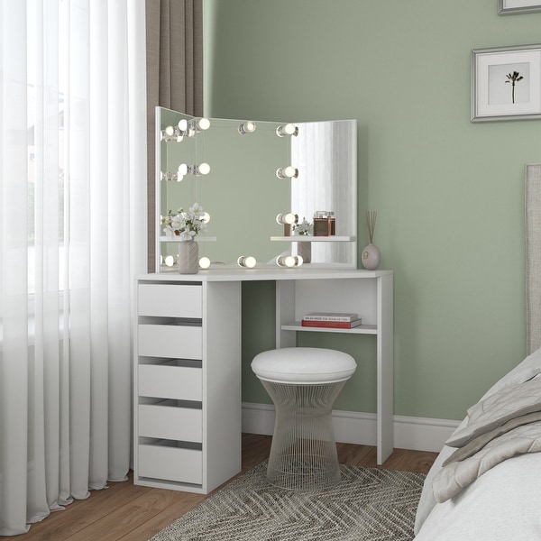 Roomsmart Corner Makeup Vanity Desk with 5 Drawers On Sale Bed