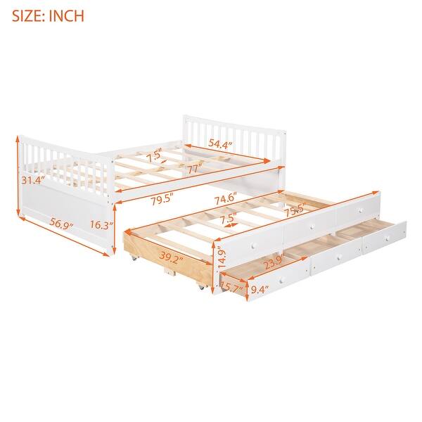 Wood Daybed Frame Full Size Sofa Bed with Pull-out Trundle Bed, Wood Slat Support & 3 Storage Drawers, for Livingroom Guest Room