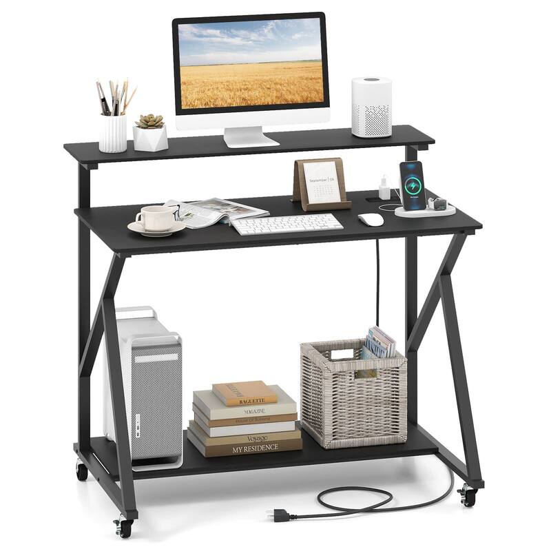 Costway Rolling Computer Desk with Charging Station Monitor Stand - Black