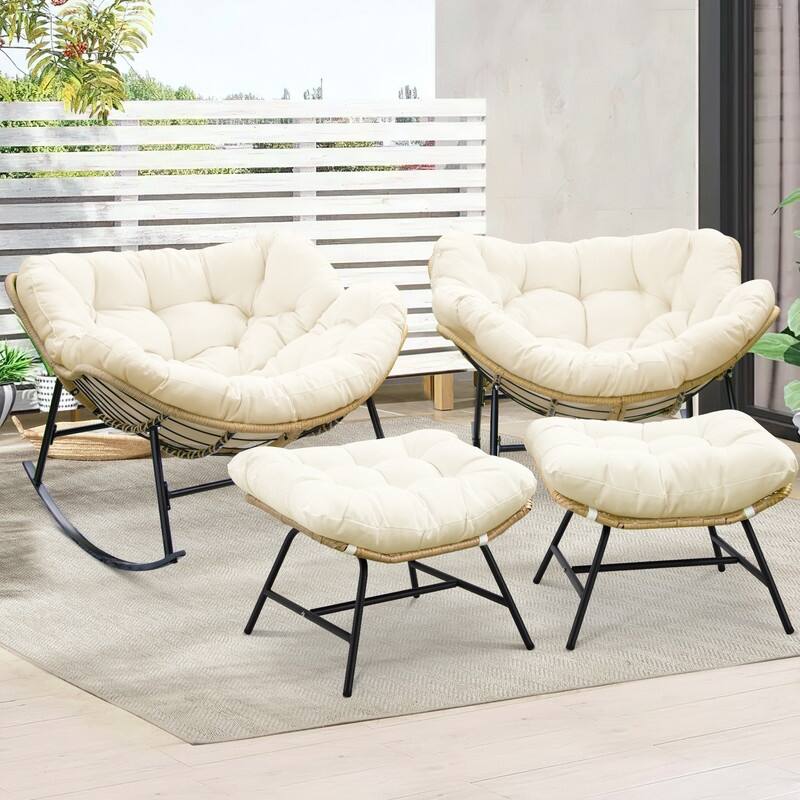 FINCATI Outdoor Royal Rocking Papasan Chair, Luxury Cozy Outdoor Rocking Chair, 450 lbs Indoor Extra Large Recliner Chair - 4 PCS-Beige