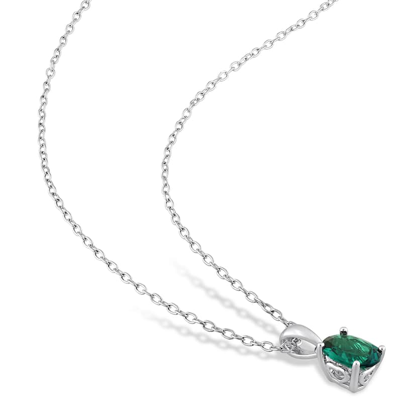 Miadora 2 1/10ct TGW Oval Created Emerald Solitaire Necklace and Stud Earrings Set Sterling Silver