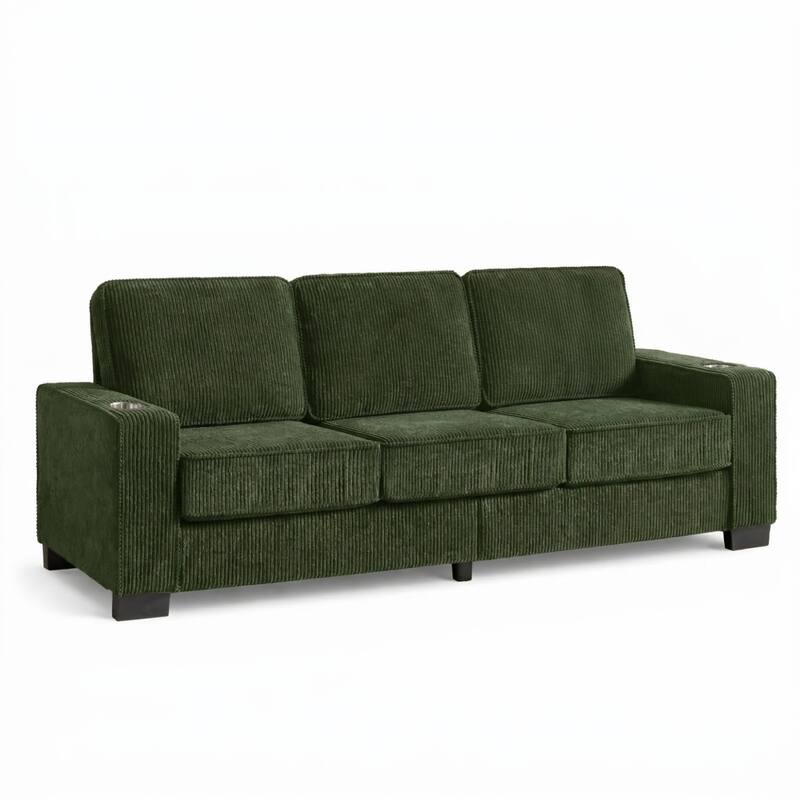 83.8'' Corduroy 3-Seat Sofa with Cup Holders, Modern Upholstered Couch, Compressed Living Room Sofa for Apartment Home Office