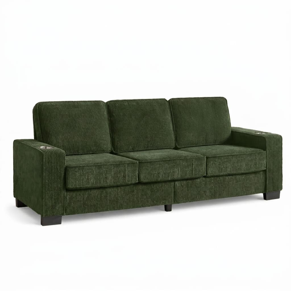 83.8'' Corduroy 3-Seat Sofa with Cup Holders, Modern Upholstered Couch, Compressed Living Room Sofa for Apartment Home Office