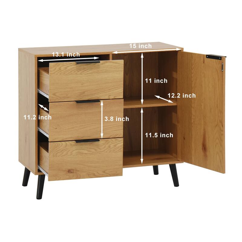 Storage Cabinet with 3 Drawers & Adjustable Shelf, Mid Century Cabinet with Door, Accent Cabinet