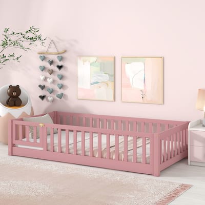 Twin Size Pine Wood Floor Platform Bed with Safety Fence and Door,7-Slat Design