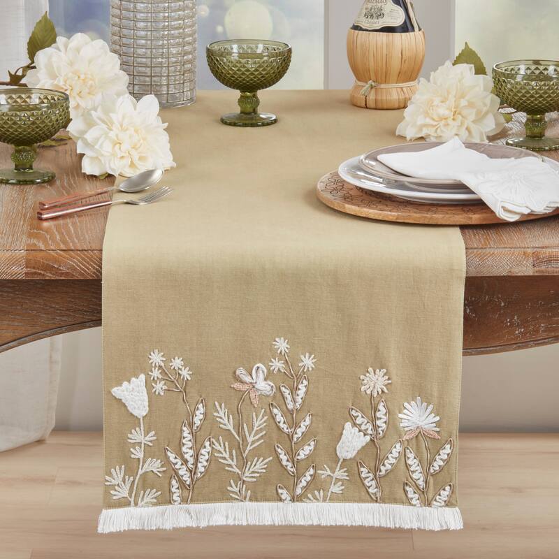 Embroidered Meadow Table Runner - Lined Decorative Table Runner with Fringe for Dining & Console Tables, 16"x72"