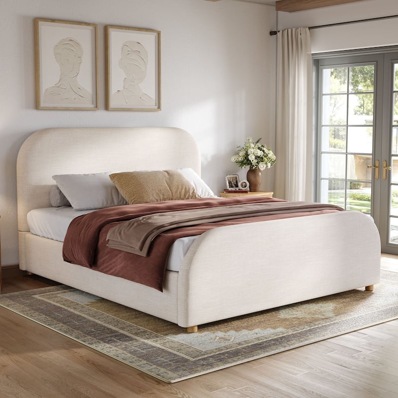 Christopher Knight Home - Thalassa Linen Bed Frame with Curved Headboard and Solid Wood Legs - Beige - Queen