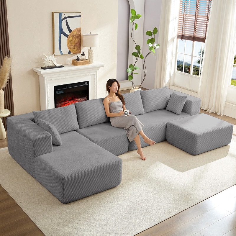 Minimalist 135" Oversized Modular Sofa, 4-Pieces Free Combination, No Assembly Required - U-Shaped Sofa - Light Grey - Reversible