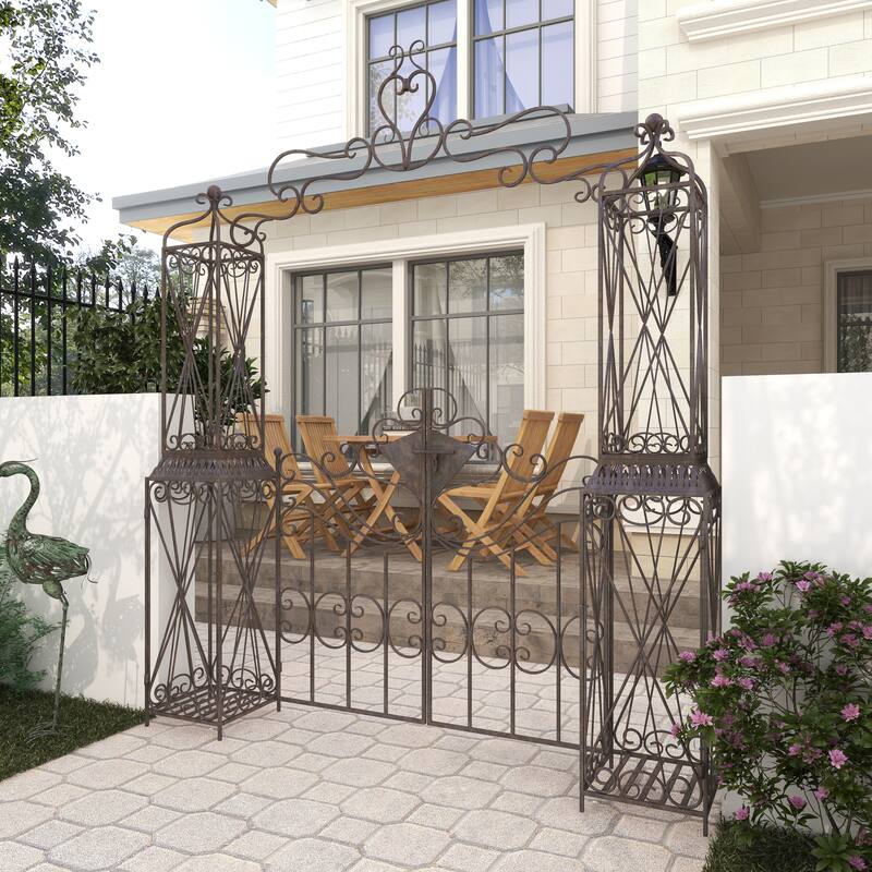 Black Metal Indoor Outdoor Scrollwork Arched Gate Garden Arbor with Pillars and Latch Lock Closure
