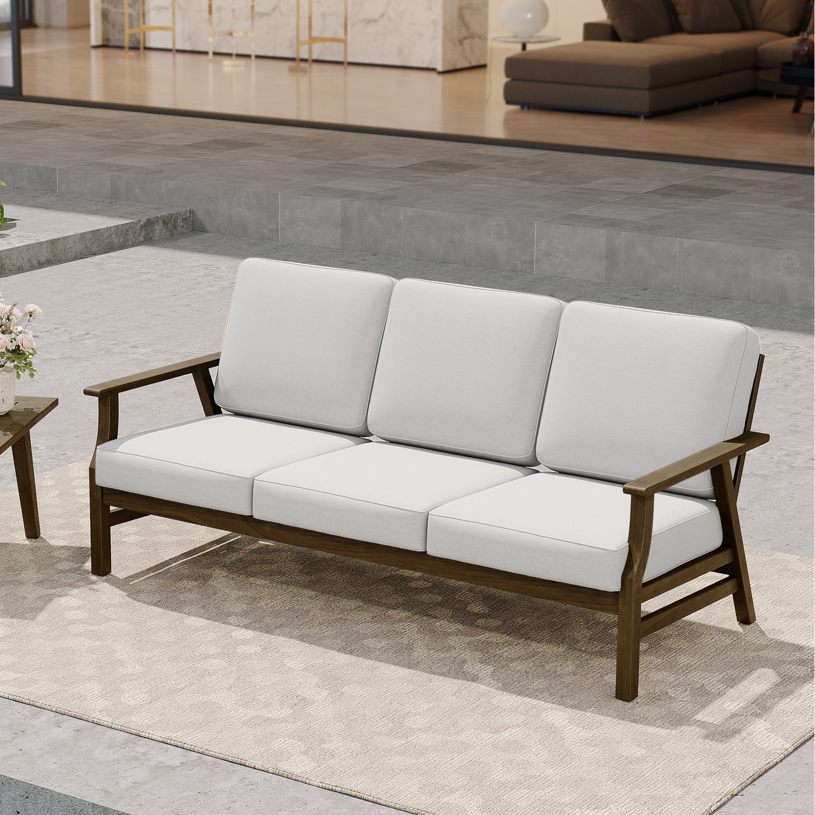 Casual Wood Outdoor Patio Sofa Loveseat with Cushion