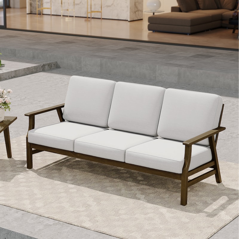 Modern Wood Cushioned 5-Piece Outdoor Patio Conversation Set - 3-Seat Sofa - Beige