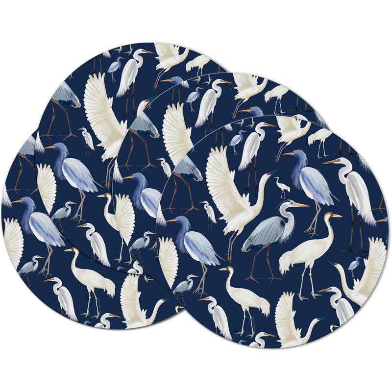 Beachy Birds 4 Pack Round Reversible Easy Care Flexible Plastic Placemats Made in The USA Reversible Flexible Easily Wipes Clean - Multi - Set of 4