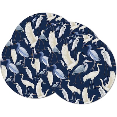 Beachy Birds 4 Pack Round Reversible Easy Care Flexible Plastic Placemats Made in The USA Reversible Flexible Easily Wipes Clean