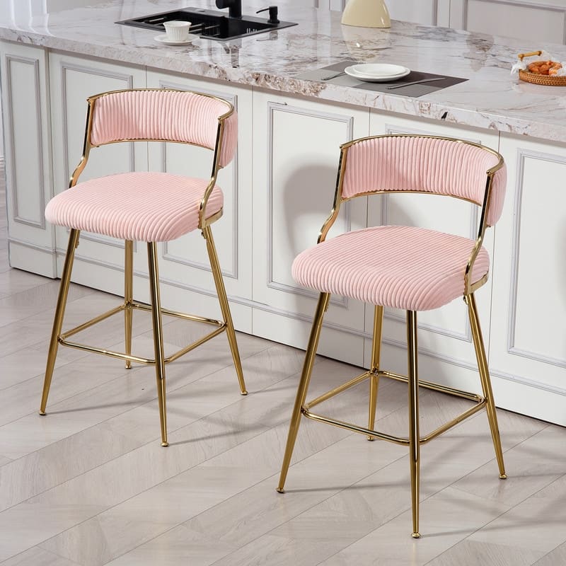(SET of 2) 26'' Counter height bar stools Corduroy kitchen island counter bar stool with back,golden chromed base and footrest