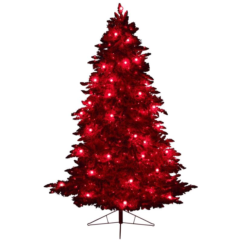 8ft. Red Flocked Fir Artificial Christmas Tree with 700 Red Lights, 45 Globe Bulbs & 1468 Branches - Bold X-Mas Statement Tree