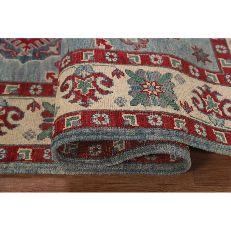 Blue Geometric Kazak Area Rug Hand-Knotted Wool Carpet - 4'11" x 6'4"