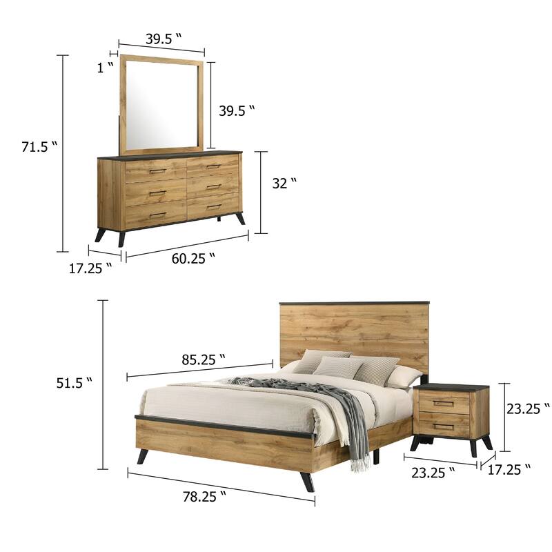 Wemy 4 Piece King Size Bed Set, Rustic Brown Pine Wood, Tapered Legs