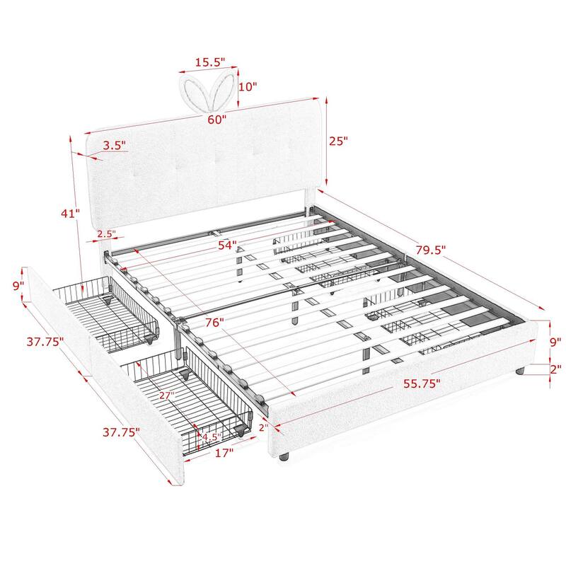 Kids Boucle Upholstered Bed with Rabbit Ear Headboard, LED Music Sync & 4 Drawers