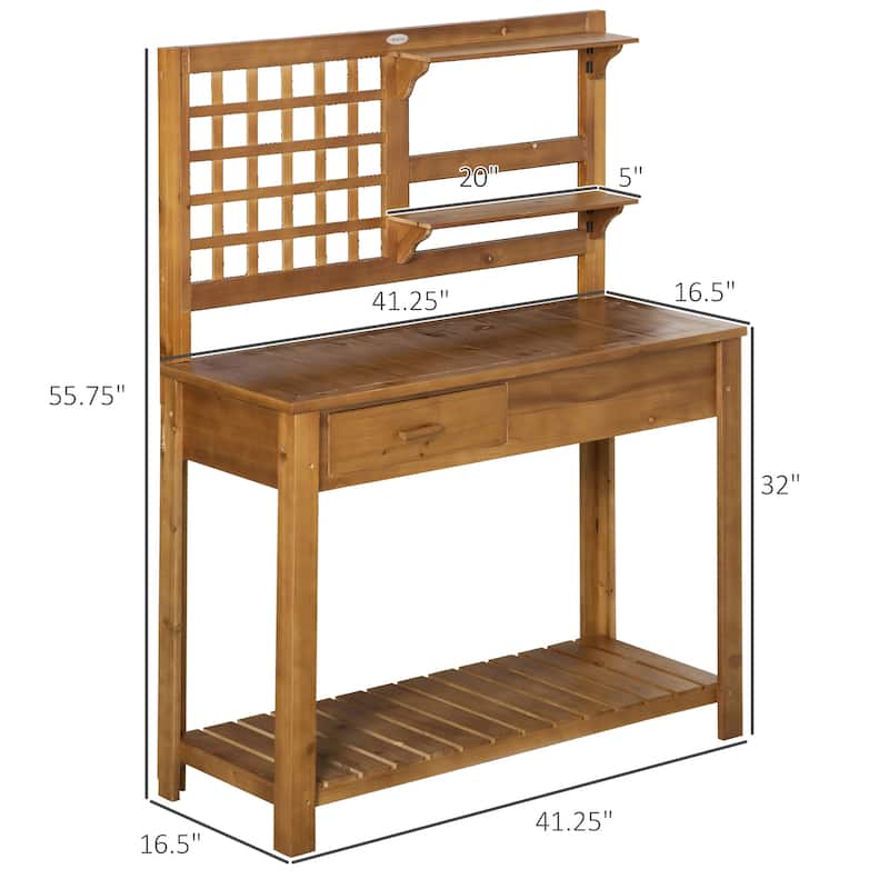Wood Outdoor Potting Table with Trellis Panel and Multi-Storage Drawer, Waterproof Garden Workbench Table