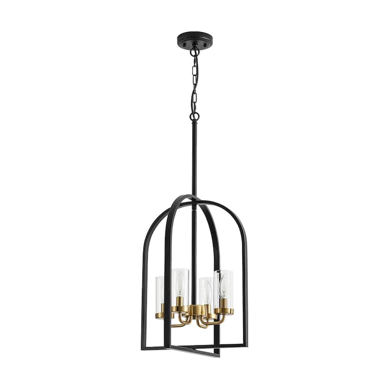 4-Light Farmhouse Industrial Matte Black Lattern Cage Chandelier with Clear Glass Tube for Use in Kitchen Island, Dining Room