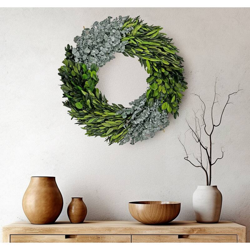 Preserved Decorative Dried Real Eucalyptus and Boxwood Wreath 21 Inch - Green