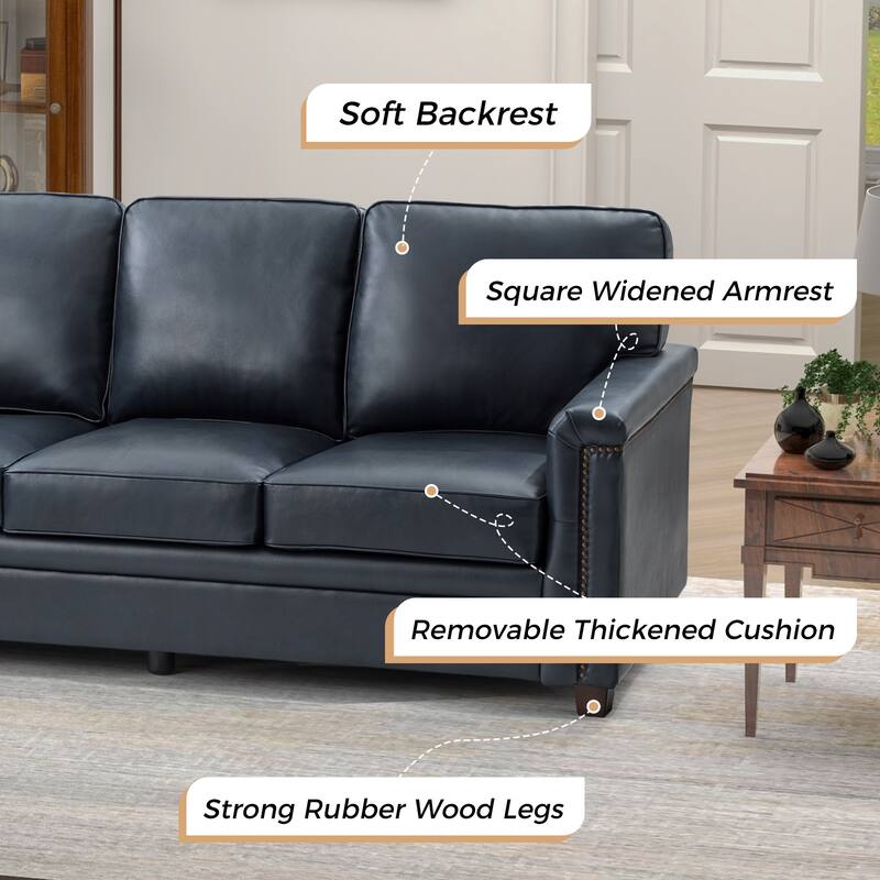 Rita Transitional Living Room 3-Seat Genuine Leather Nailhead Sofa with Solid Wood Legs and Removable Cushions