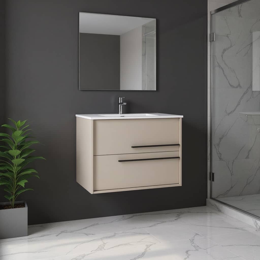 HomeRoots 32" Tan Wood Floating Bathroom Vanity With White Sink And Two Drawers - 32.00 in. x 24.60 in. x 21.60 in.