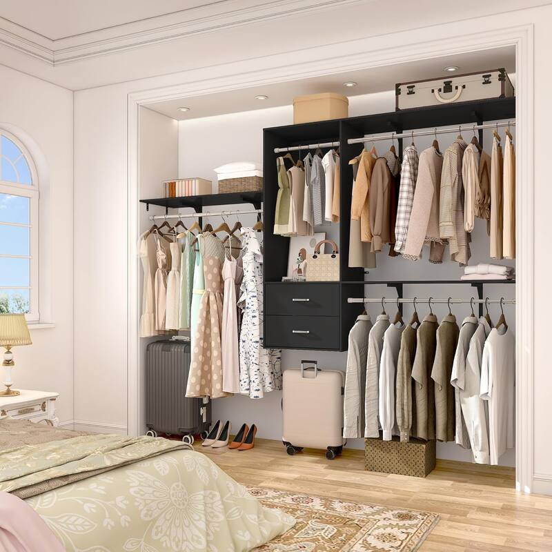 96'' Hanging Closet System with 3 Hanging Rod ＆ 3 Shelving Towers ＆ 2 Drawers,8FT Walk in Closet Organizer System