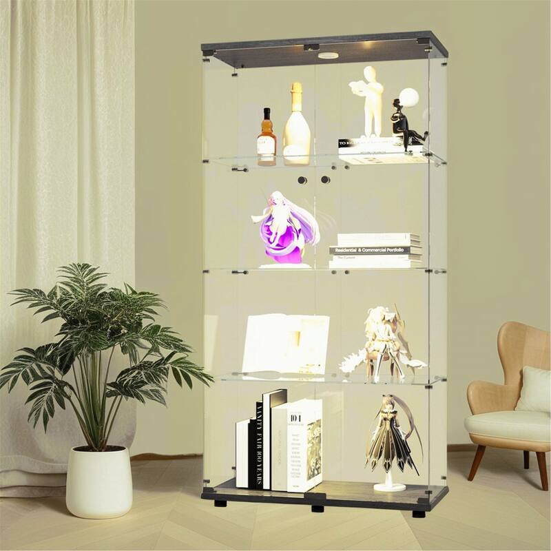 Lighted Two Door Glass Cabinet Glass Display Cabinet - Black
