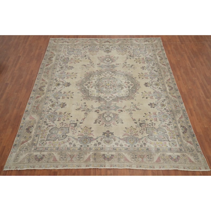 Hand Knotted Oriental 100% Wool Carpet Traditional Floral Beige & Ivories Tabriz Area Rug - 12' 3'' X 10' 0''
