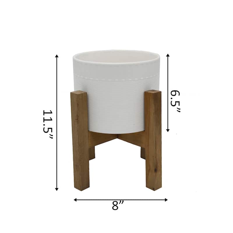 Mid-Century 8" CERAMIC DUMPLING POT ON WOOD STAND,Matte White