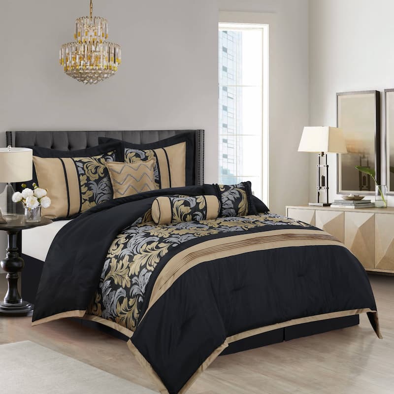 Nanshing Liana Embroidered Red and Black 7-Piece Floral Comforter Set - Black & Gold - King