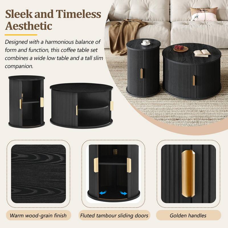 Mid-Century Coffee Table Set with Sliding Tambour Door - Round Fluted End Table with Storage