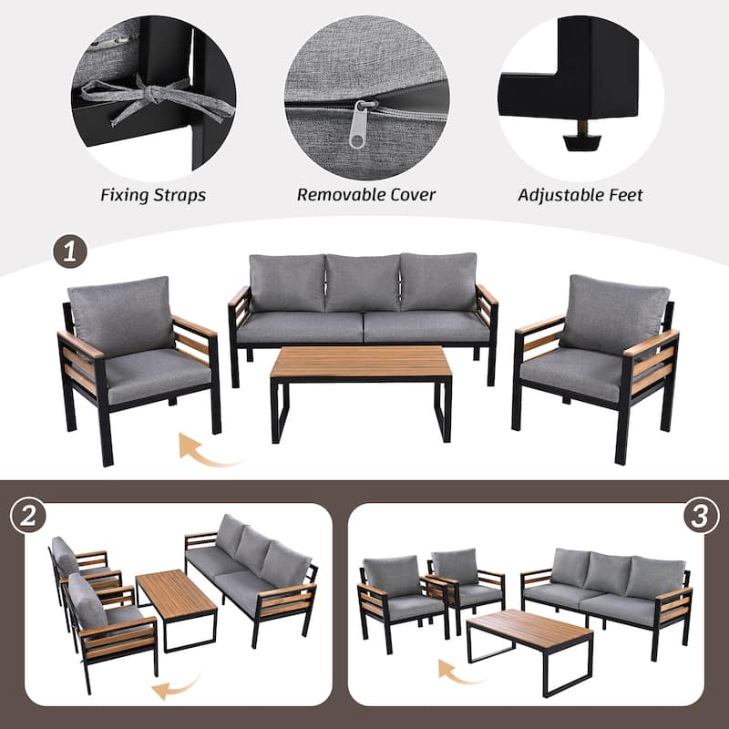 Roomfitters 4-Piece Outdoor Patio Furniture Set with 3-Seater Sofa, 2 Armchairs and Coffee Table, Wood Accents
