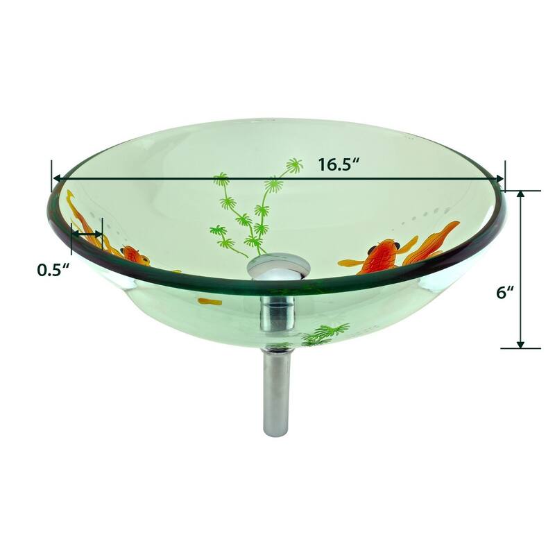 Countertop Vessel Sink 16.5" Round Koi FIsh Design Tempered Glass Bathroom Sink with Chrome Sink Drain Renovators Supply