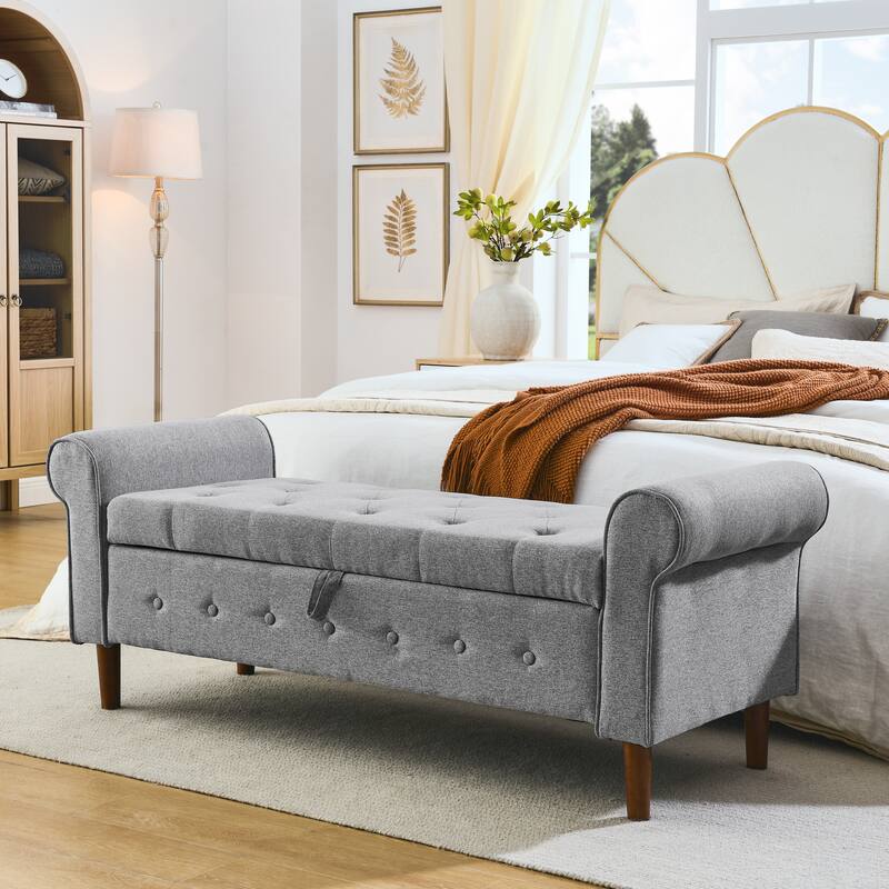 Leisure Stool with Tufted Button Decorative Stool, Exquisite Bedroom End of Bed Bench Makeup Stool with Armrest - Grey