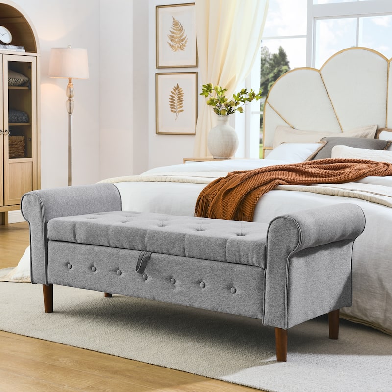 Rolled Arm Tufted Storage Bench, Modern 62" Upholstered Ottoman Window Bench with Wooden Legs for Bedroom, Entryway
