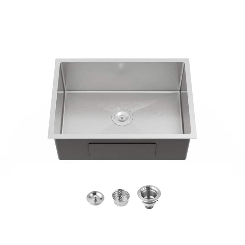 Stainless Steel Kitchen Sink, 27″x19″ Single Bowl, Undermount Handmade Sink in Brushed Nickel, with US Standard Drain and Hook - Brushed