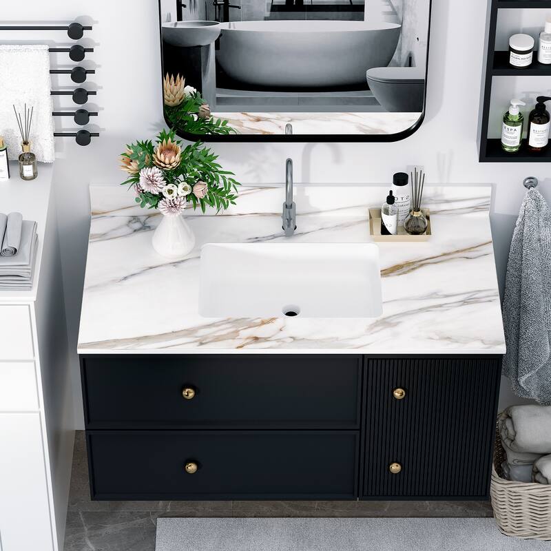 31 Inch Marble Vanity Top,Bathroom Vanity Top with Undermount Rectangular Middle Sink and 4 Inch Height Backsplash - White Marble5