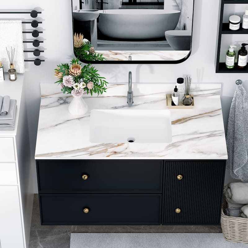 43 Inch Bathroom Marble Vanity Top,Undermount Middle Sink,4" Height Backsplash,Pre-Drilled Faucet Hole Vanity Top - White Marble