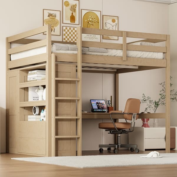 slide 2 of 30, Full Size Pinewood Loft Bed with Built-in Study Desk and Wardrobe, Storage Shelves and 2 Drawers, Full-length Guardrails Walnut - Full