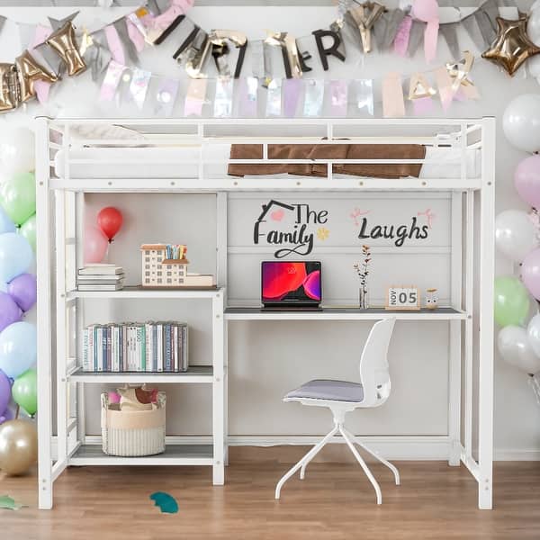 slide 2 of 18, Modern Twin Size Loft Bed With Desk And Whiteboard And 3 Shelves And Ladder for Bedroom White