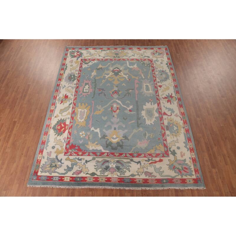 Light Blue Oushak Area Rug Hand-Knotted Transitional Wool Carpet - 9'1" x 11'9"