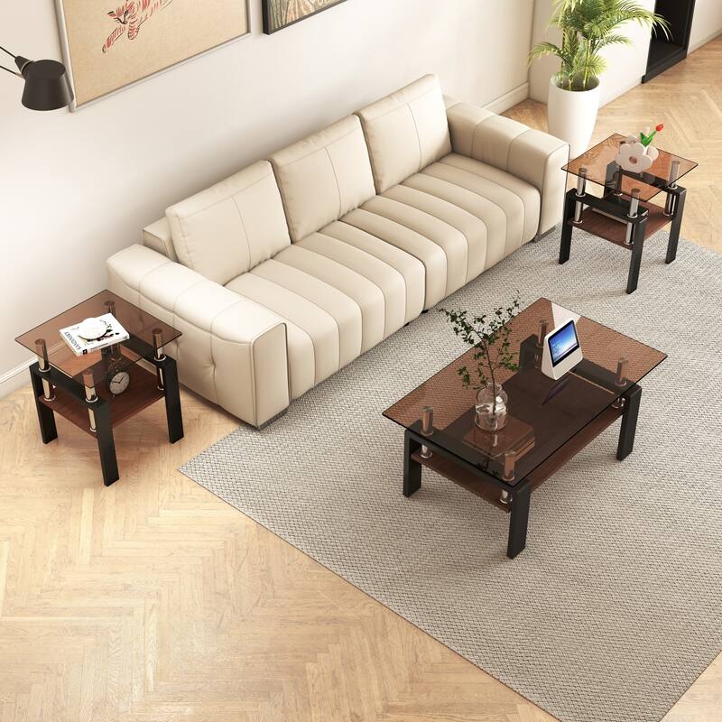 Set of 2, Modern Tempered Glass Tea Table, Tempered Glass Tabletop with MDF Layer, Coffee Table, Square Table