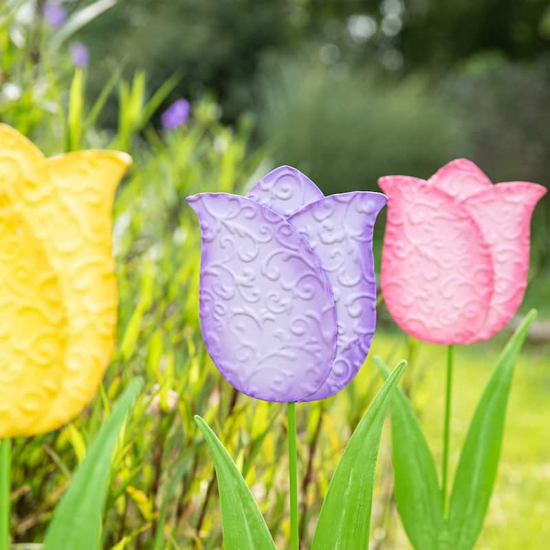 Glitzhome 24"H Easter Metal Tulips Yard Stakes Garden Decor(Set of 3) - 24"